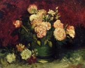 文森特 威廉 梵高 : 碗中的牡丹和玫瑰